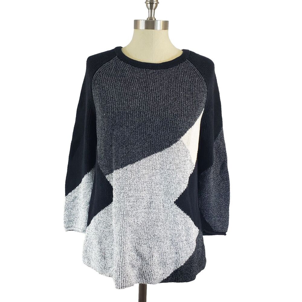 Nic + Zoe Linen Blend Knit Sweater L Crewneck Pullover Back Zip Abstract Preppy